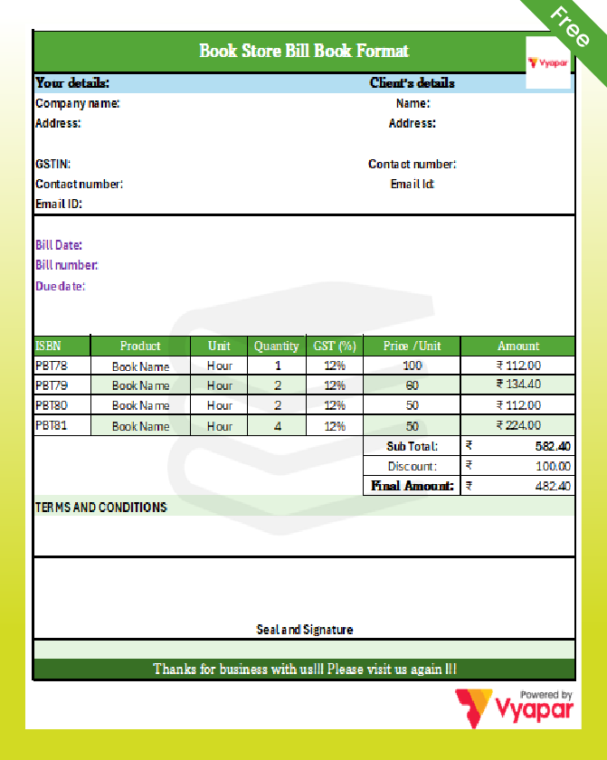 Book Store Bill Book Format