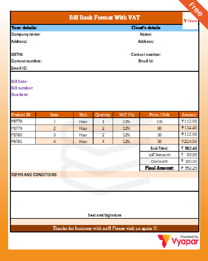 Bill Book Format With VAT