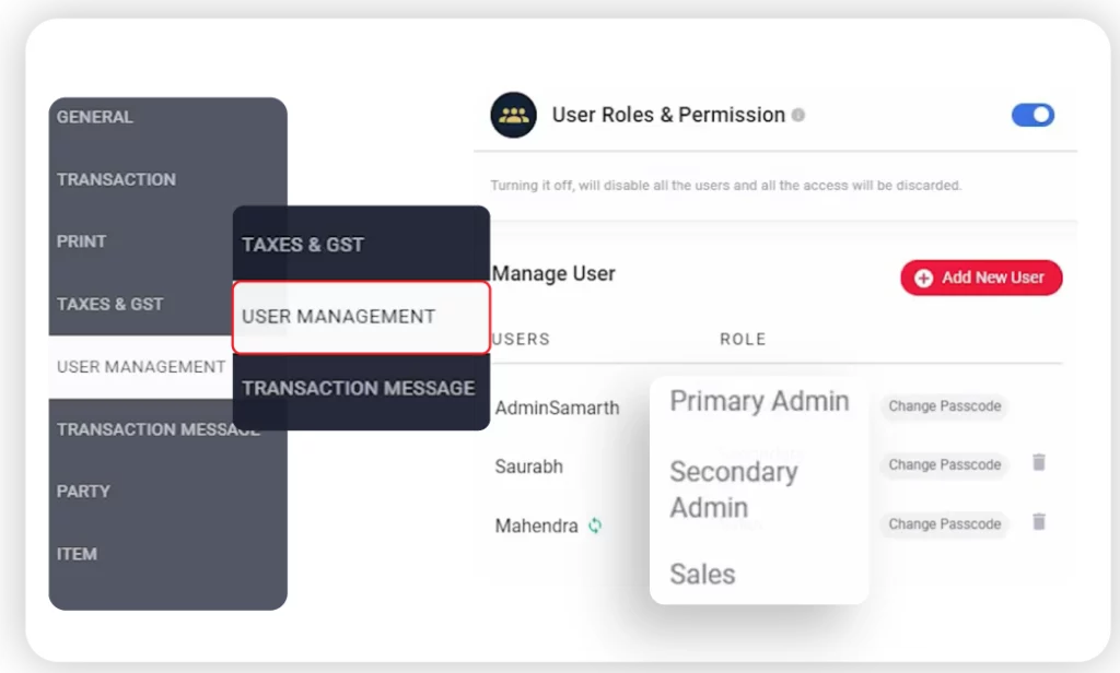 Vyapar's appliance inventory app user permission feature