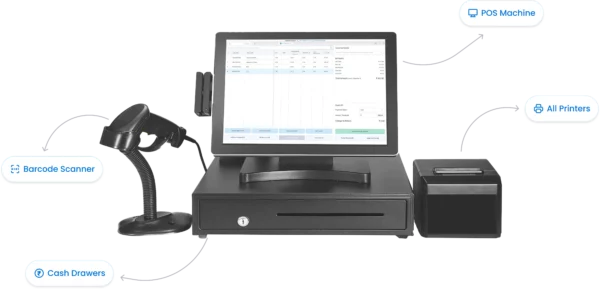 Vyapar POS hardware setup showing POS machine, barcode scanner, thermal printer and cash drawer
