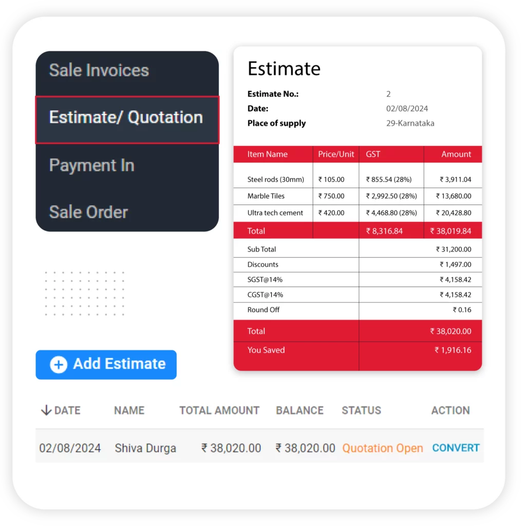 Create Estimate and Quotation for Customers with Construction accounting app