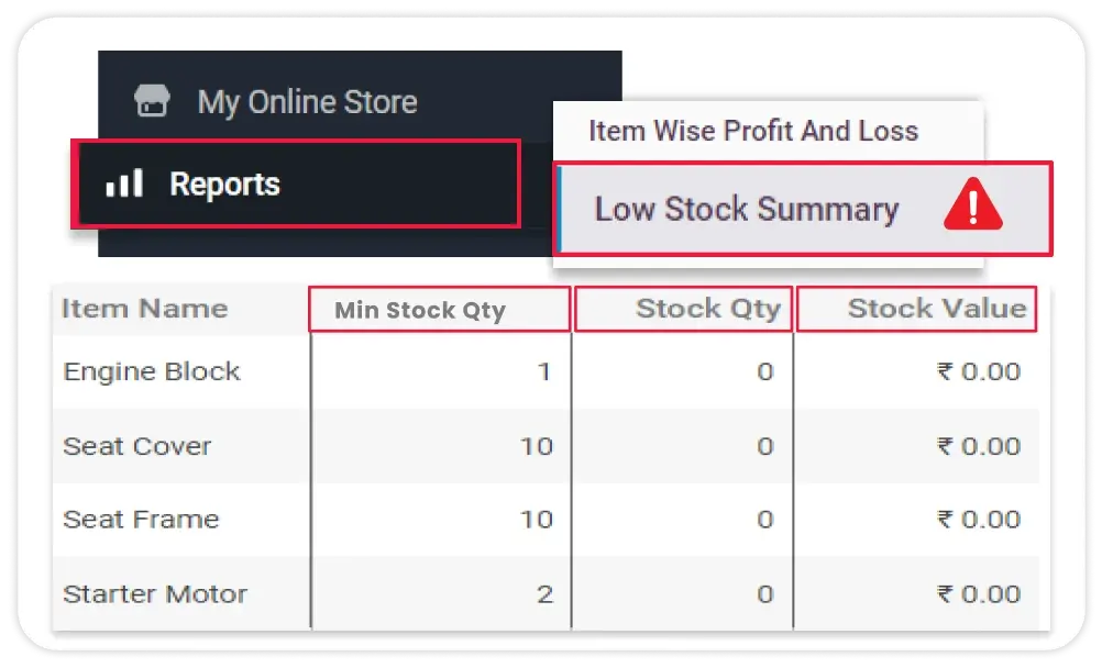 Get low stock alerts on Vyapar invoice making software