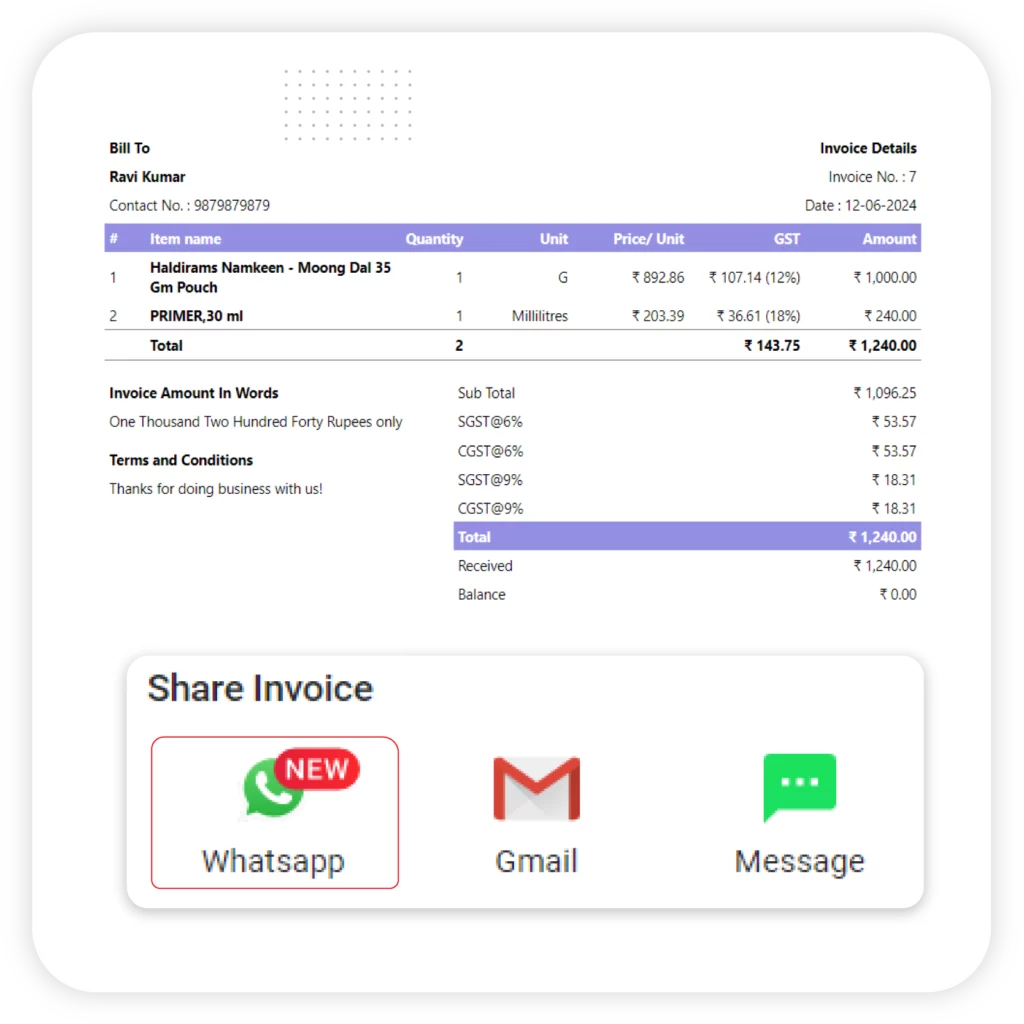 Vyapar supports Sharing Invoices through multi-messaging platform