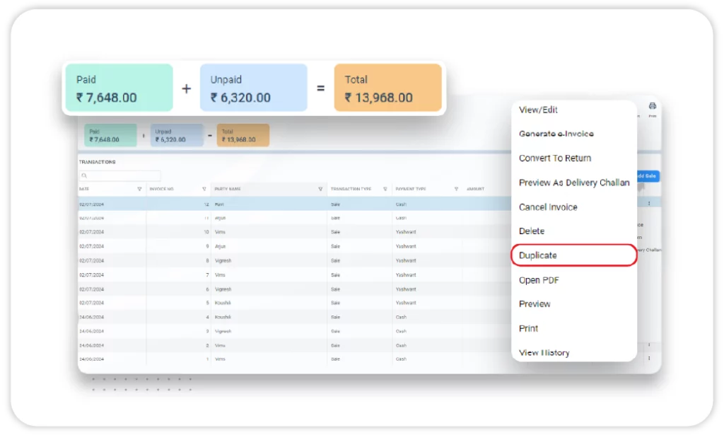 Create duplicate bills or identical invoices for similar transactions