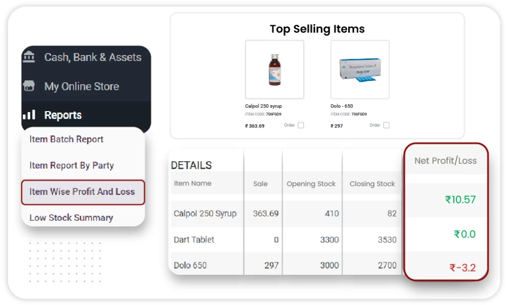 Vyapar's billing software for pharmacy provides profit and loss reporting