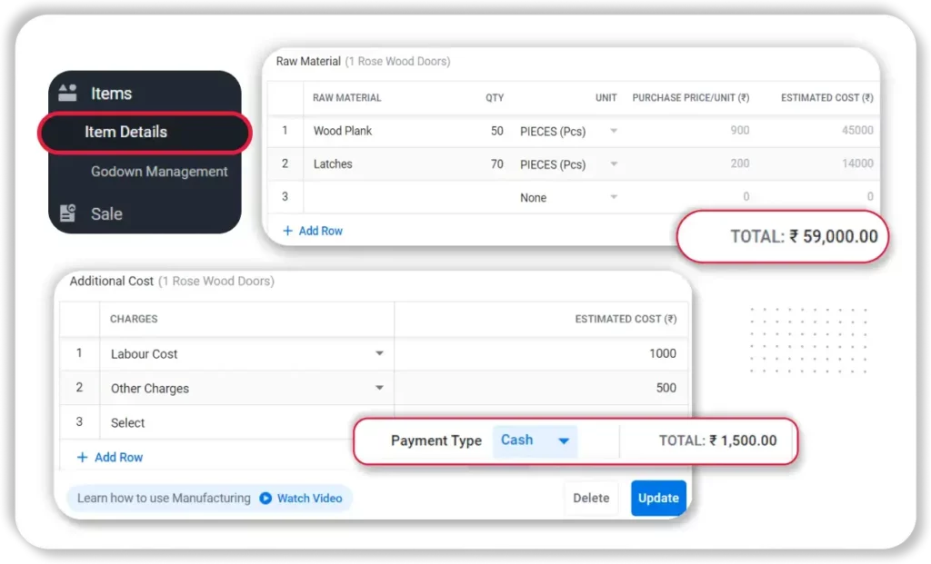 Production Costing Feature of free manufacturing inventory software