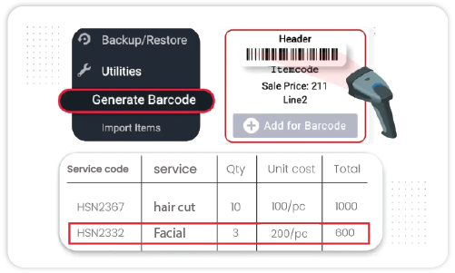 Barcode feature of the salon billing app 