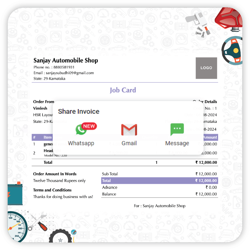 Job Card - Automobile Shop Billing Software