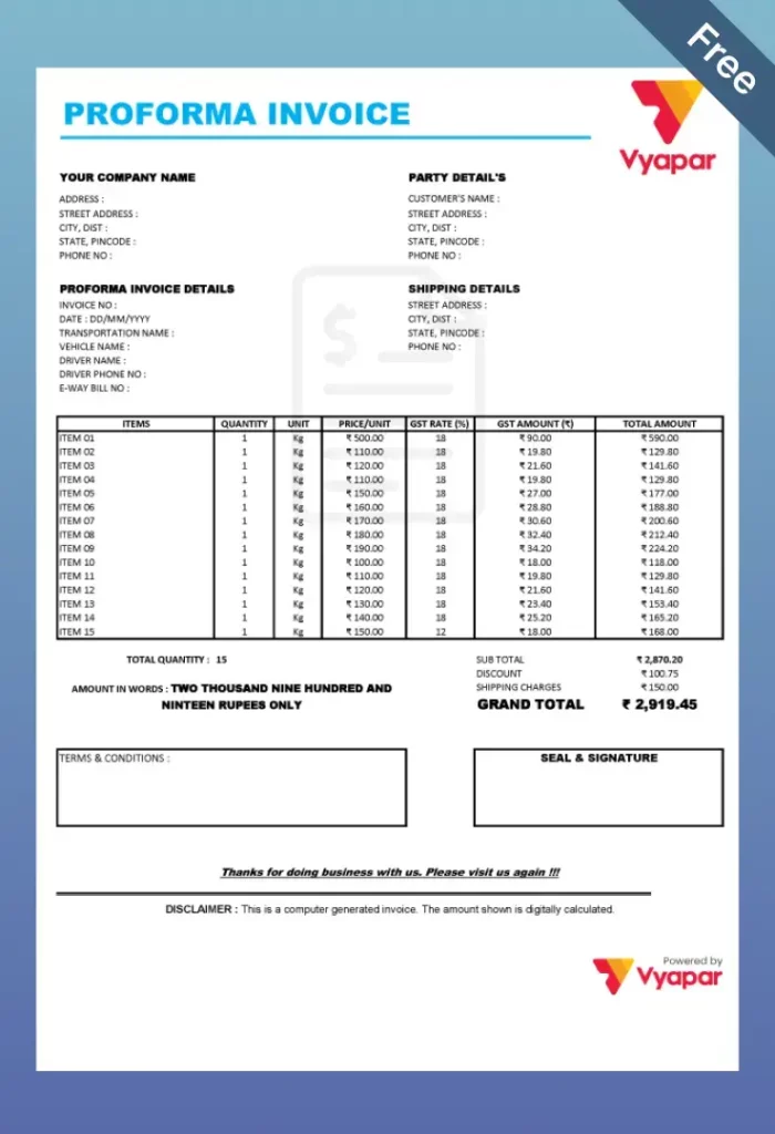 proforma Invoice Format