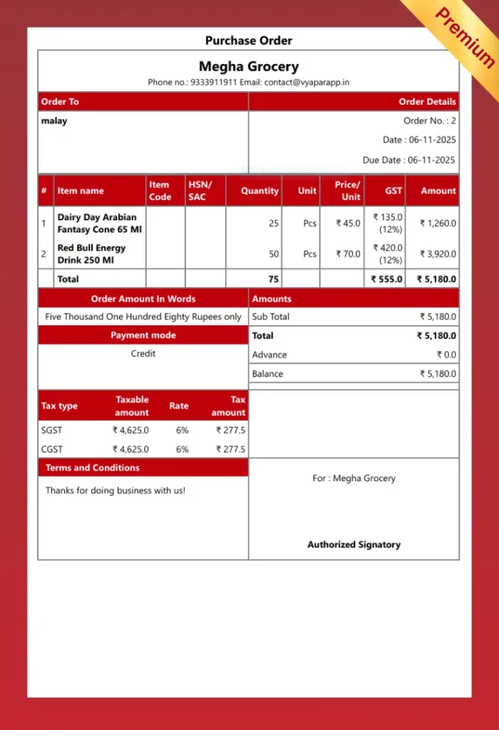 Professional PO Format Premium