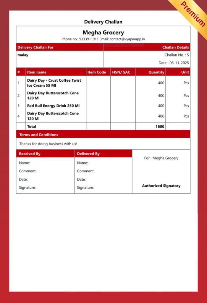 Professional Delivery Challan