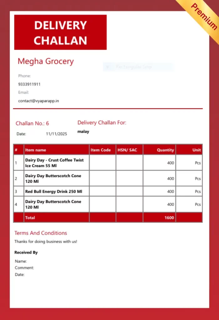 French Elite Delivery Challan