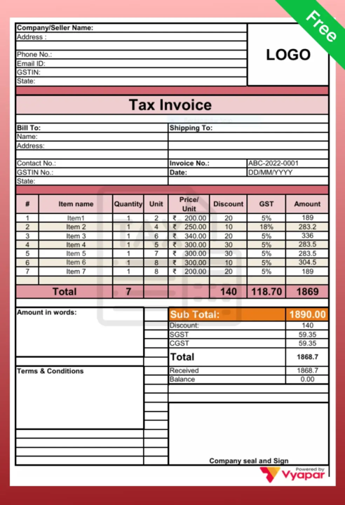 GST Invoice Formats In Excel -01