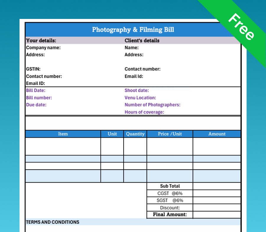 GST Debit note format Photography Bill Book Format