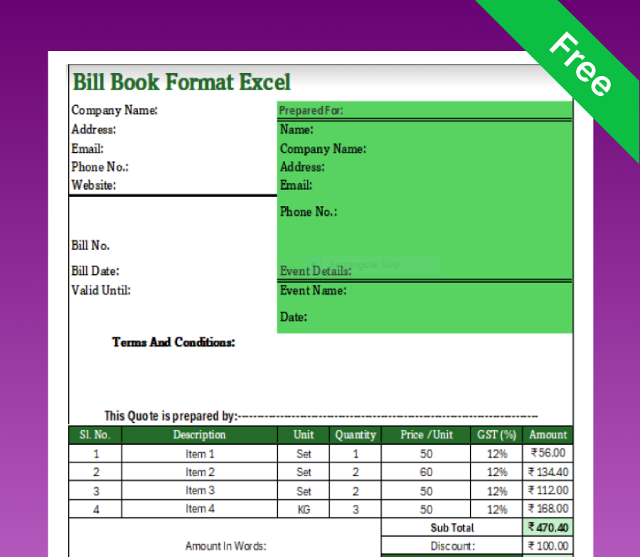 Bill Book Excel Template