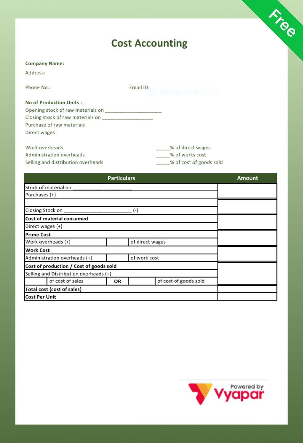 Cost Accounting Format in pdf