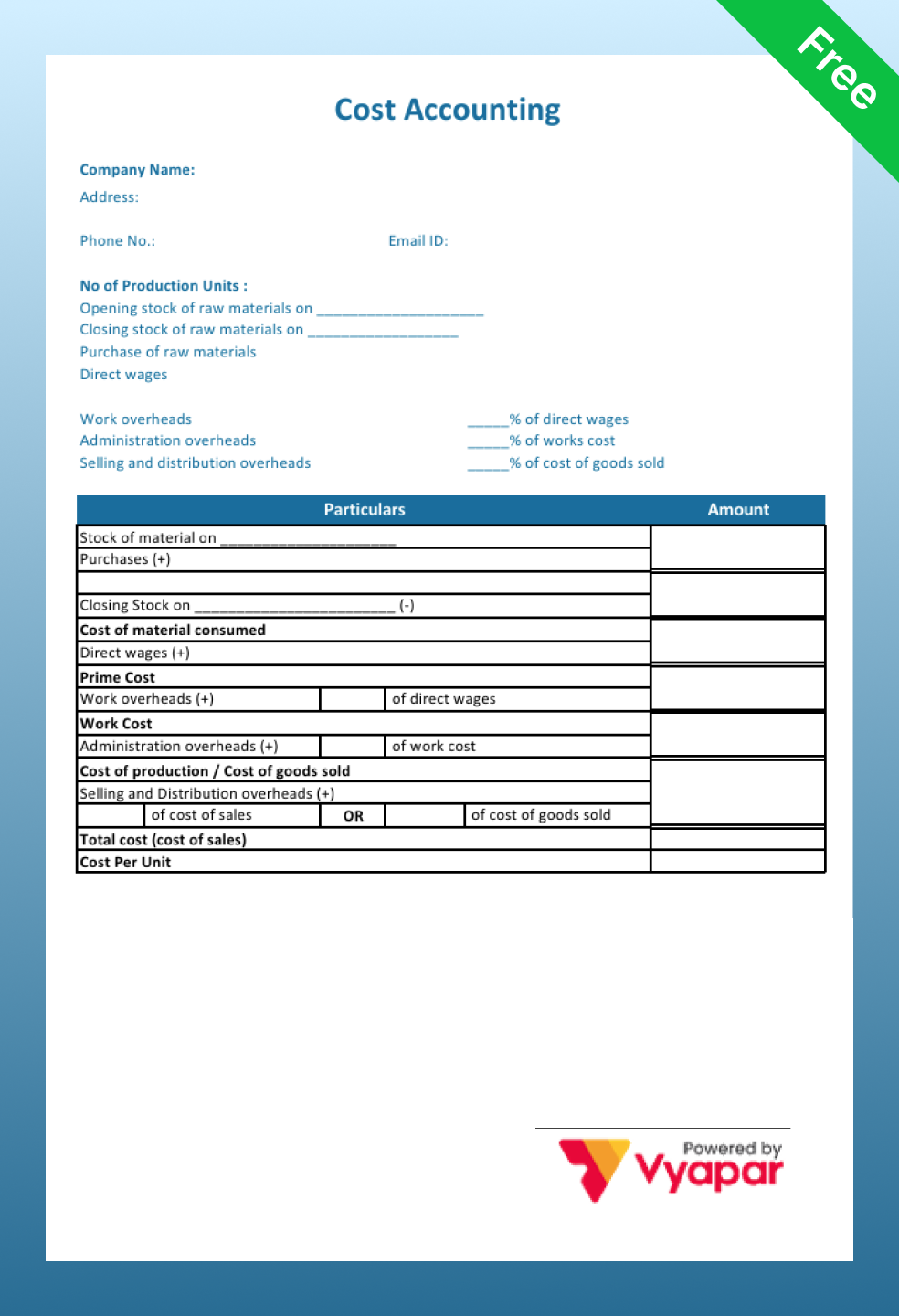 Cost Accounting Format in pdf