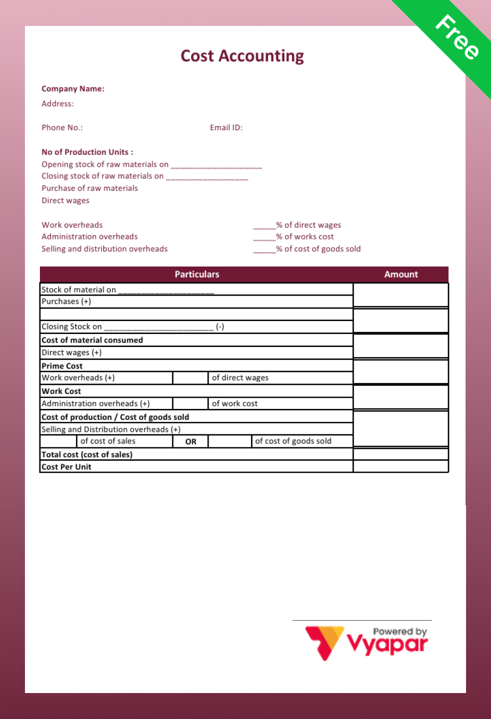 Cost Accounting Format in pdf