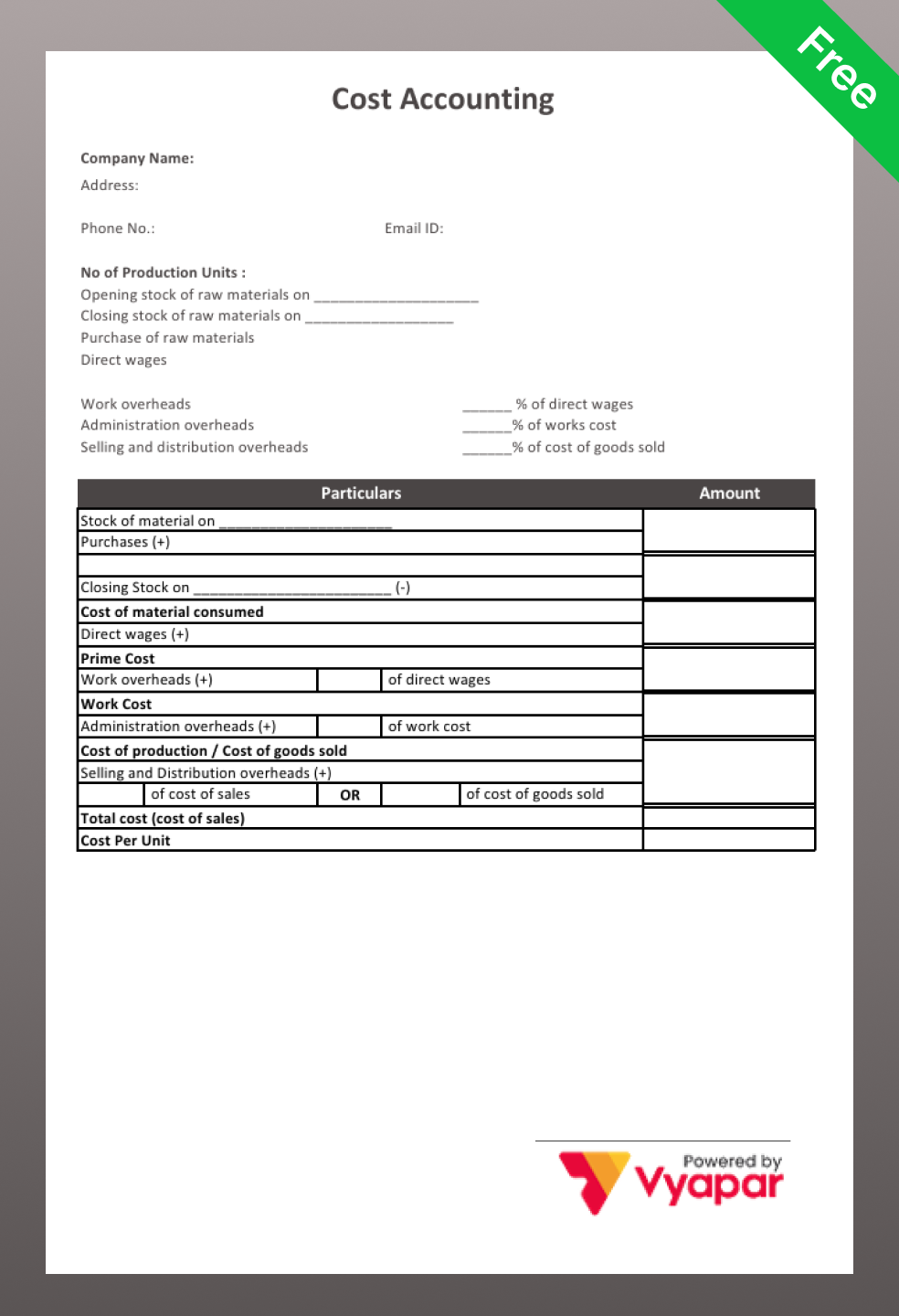 Cost Accounting Format in Excel