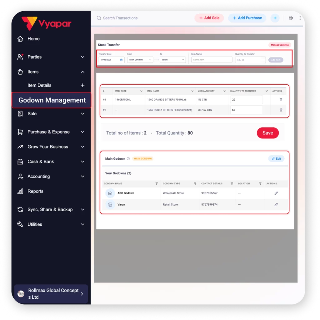 Multiple Warehouse / Godown - Inventory Management