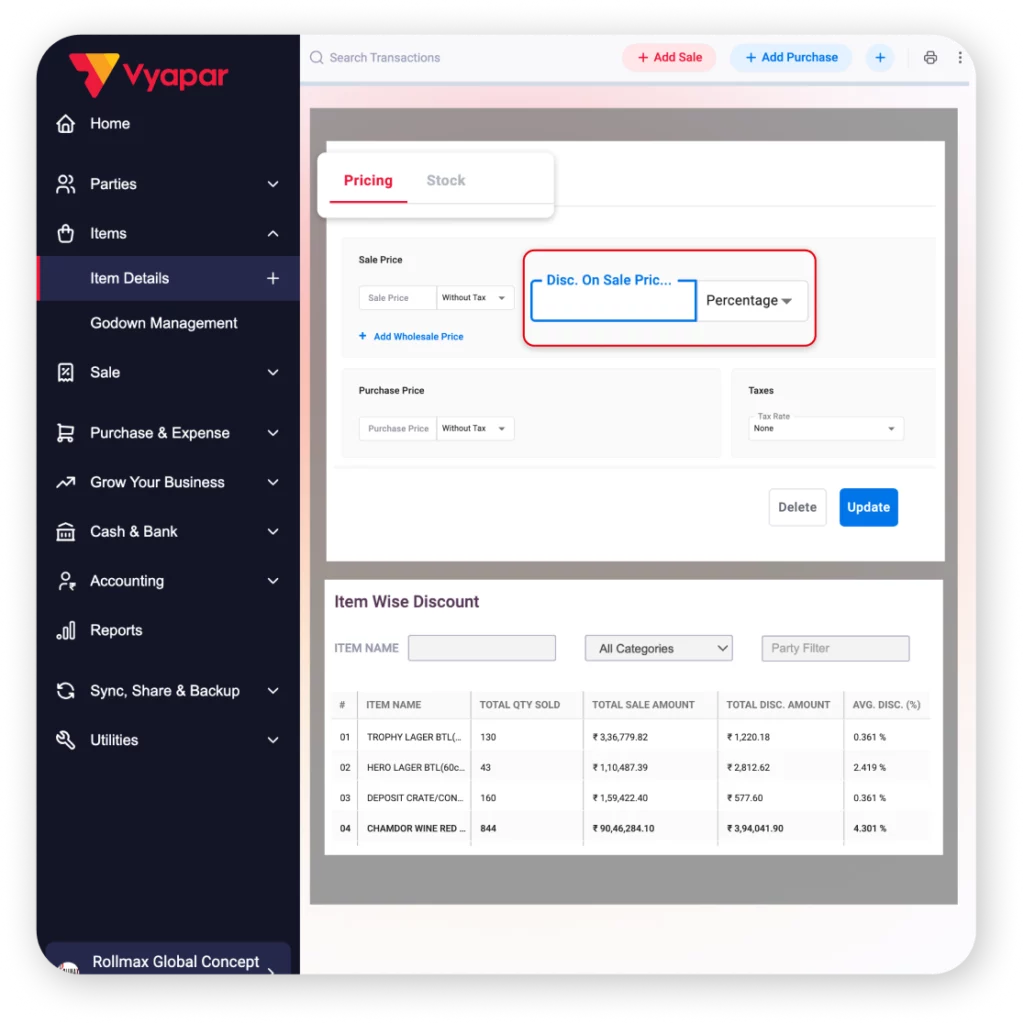 Item-Level Discounts can be applied in Vyapar inventory Management software