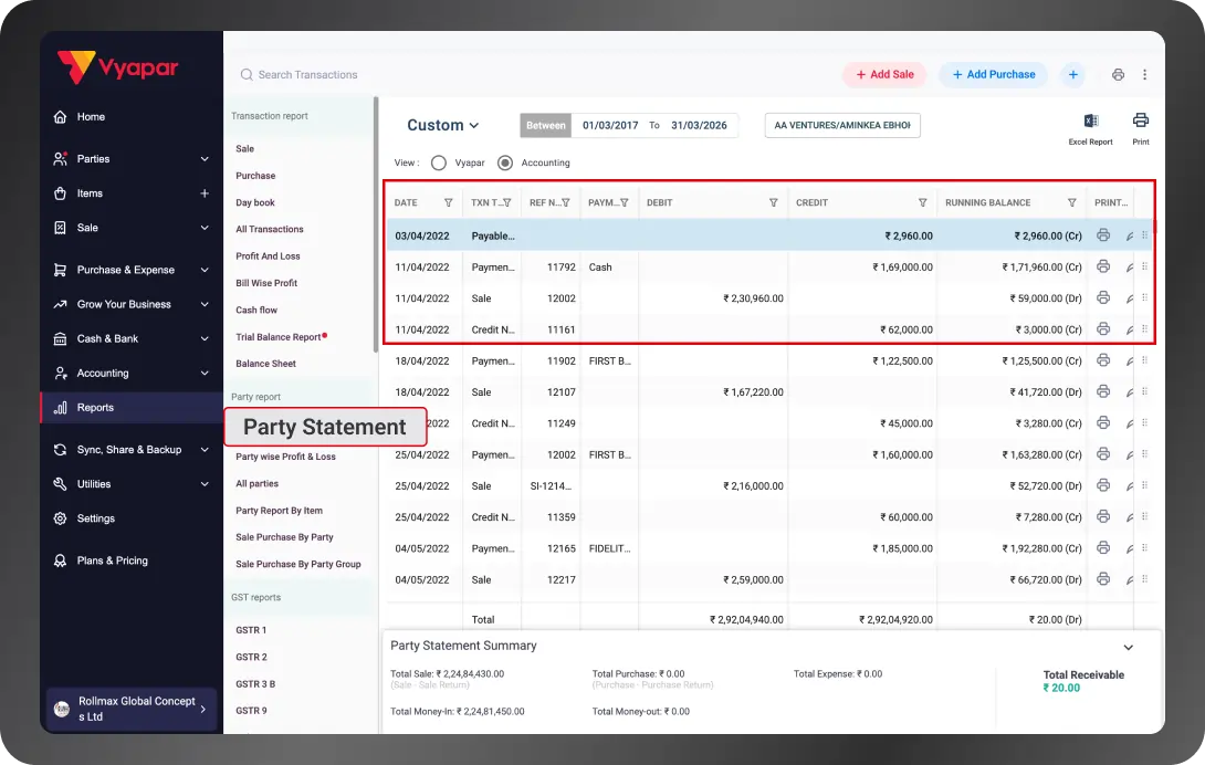 automated party report in accounting software