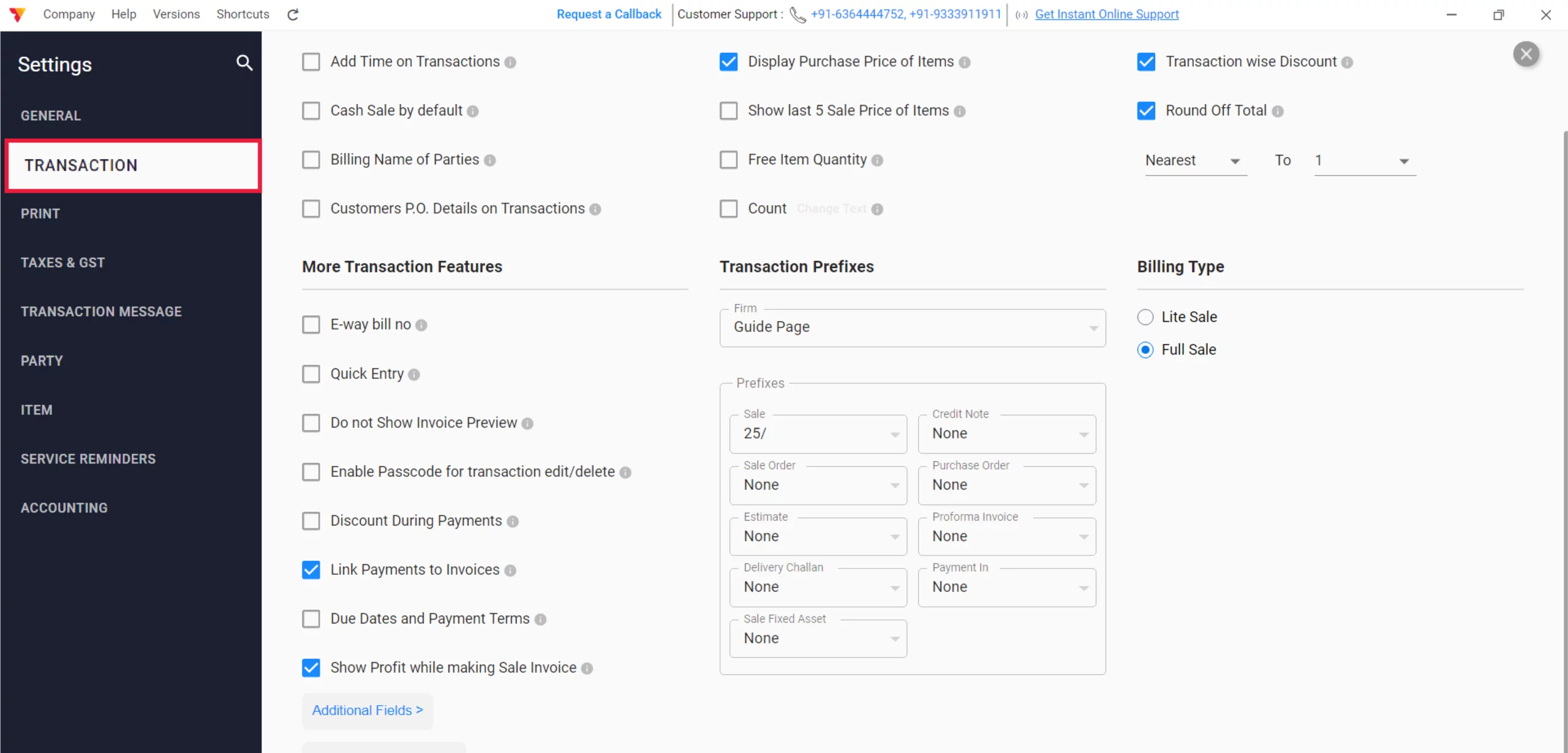 Select Transaction Settings