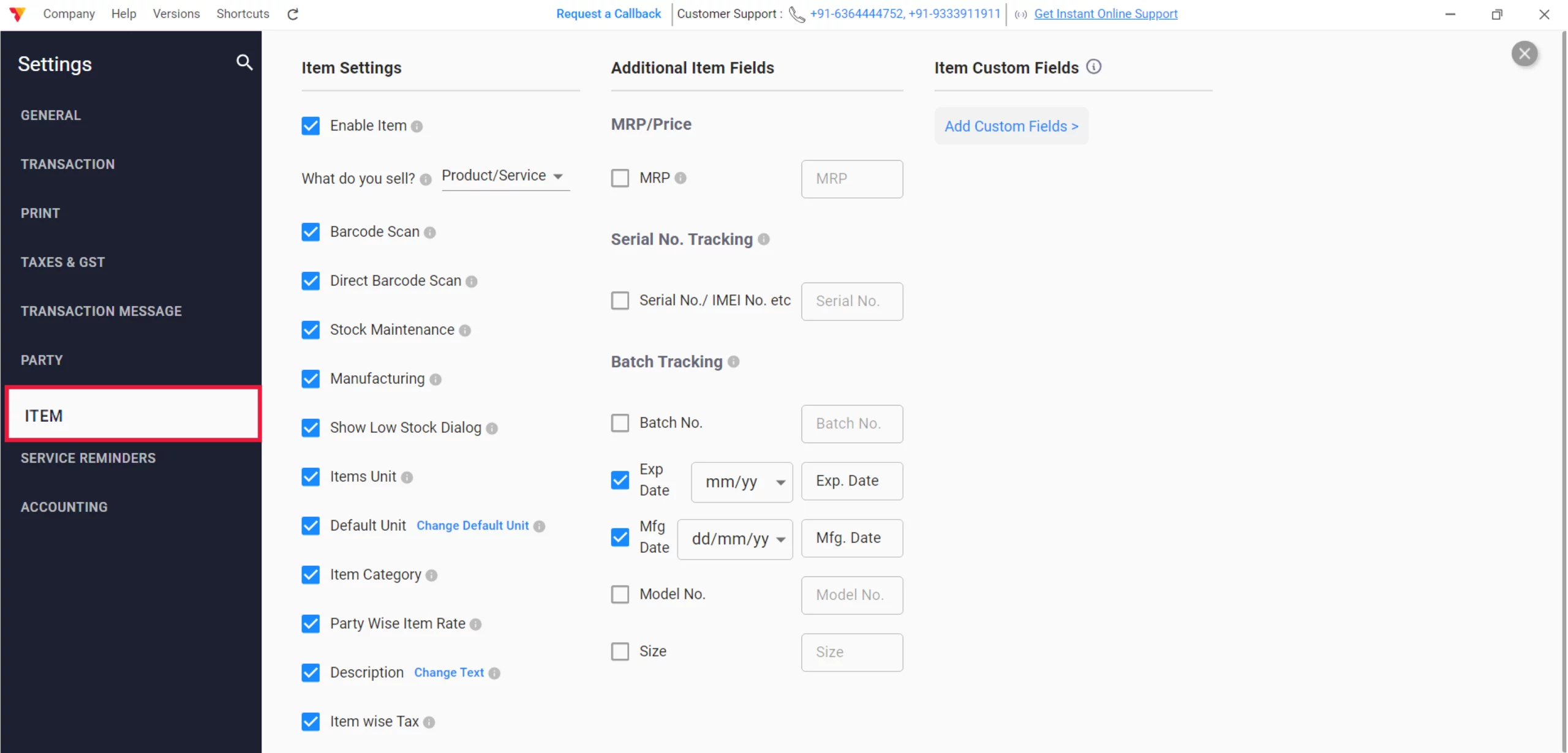 Enable Item Settings