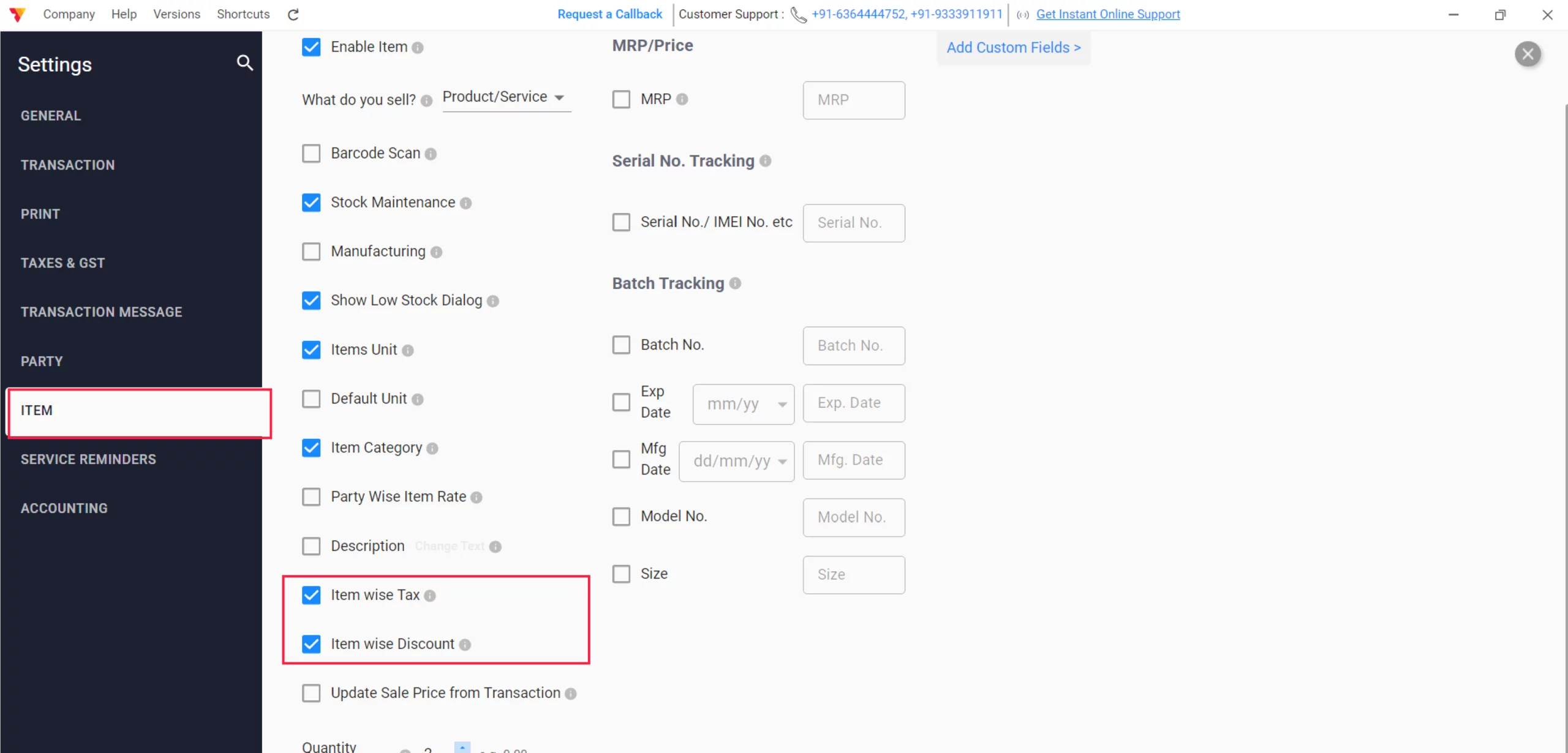 Setup- Item Settings 