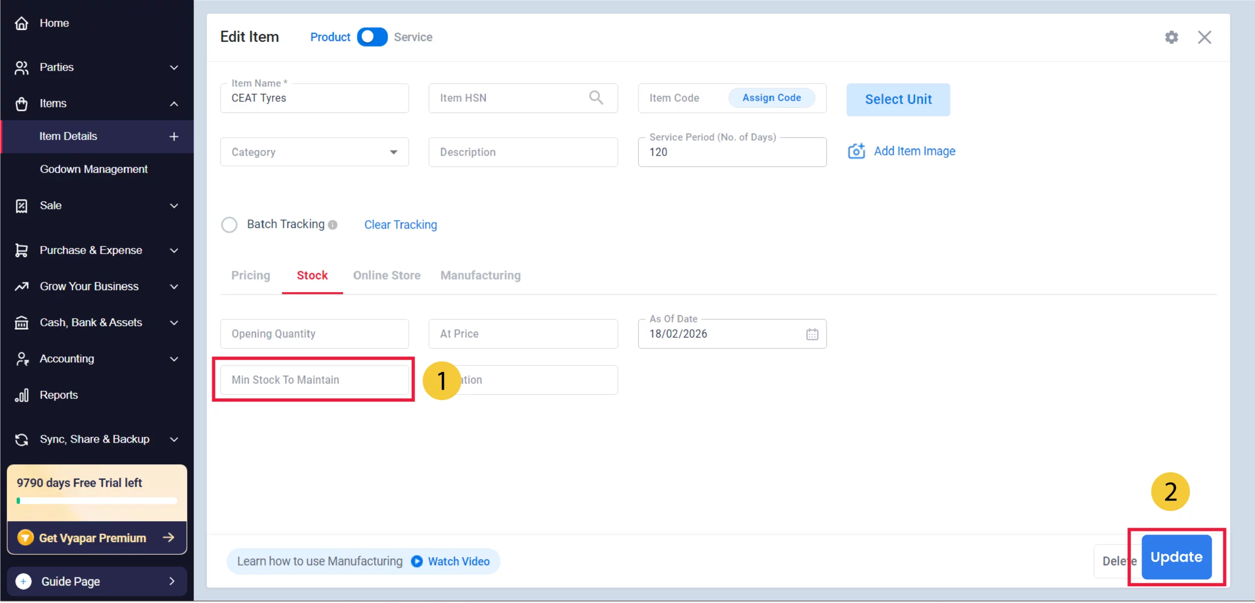 Navigate for “Min Stock to Maintain"