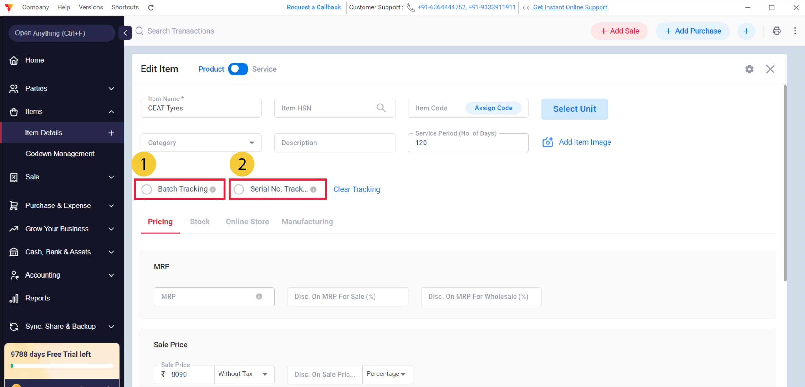 Enable Batch or Serial Tracking for the Item