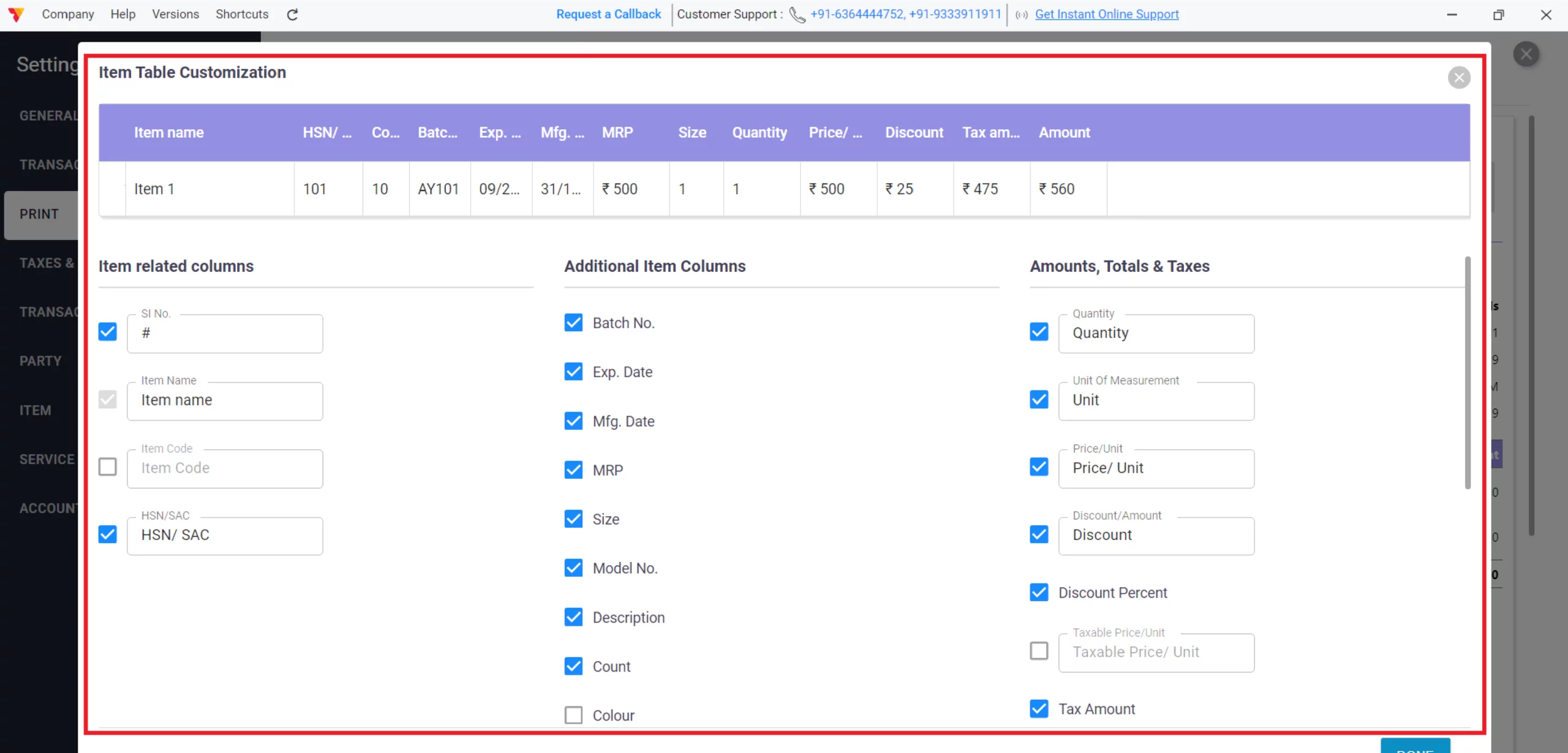 Customize the Item Table