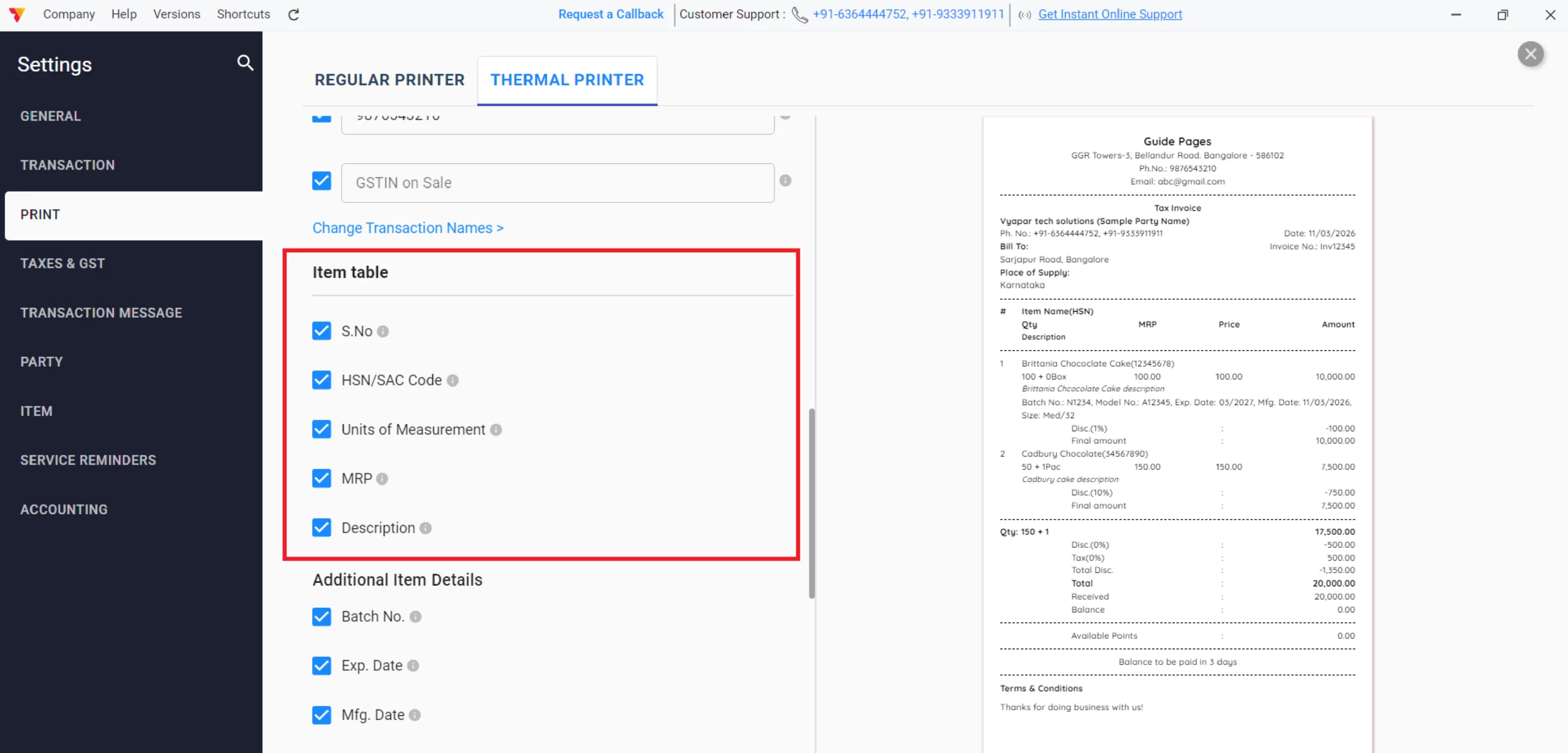 Customize the Thermal Item Table