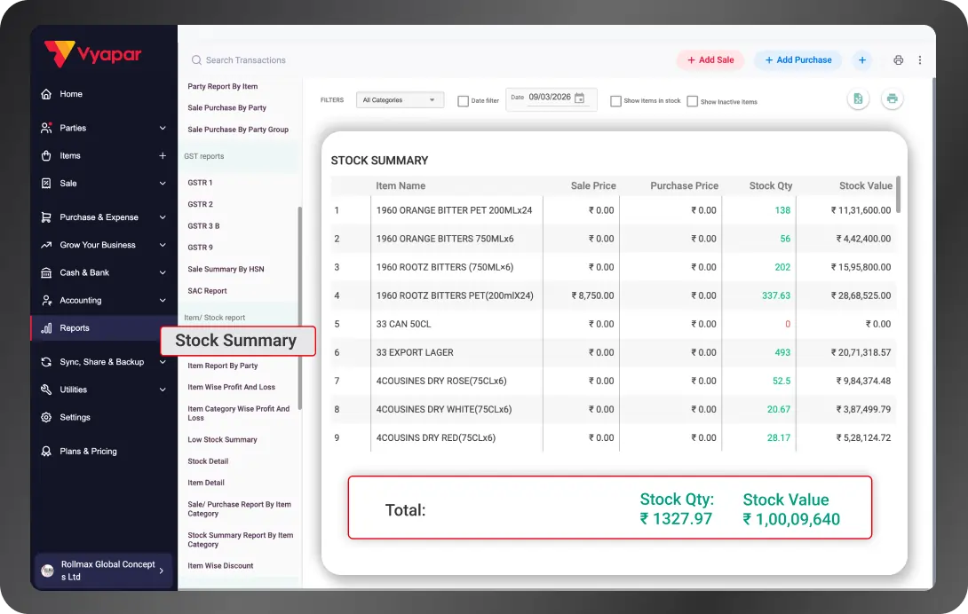 automated item/stock report in accounting software