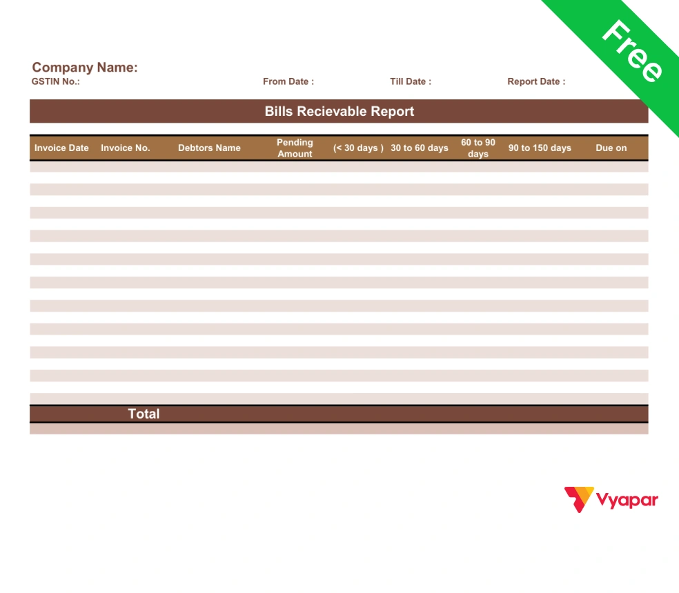 Bills Receivable Book ledger format in PDF showing due dates and amounts