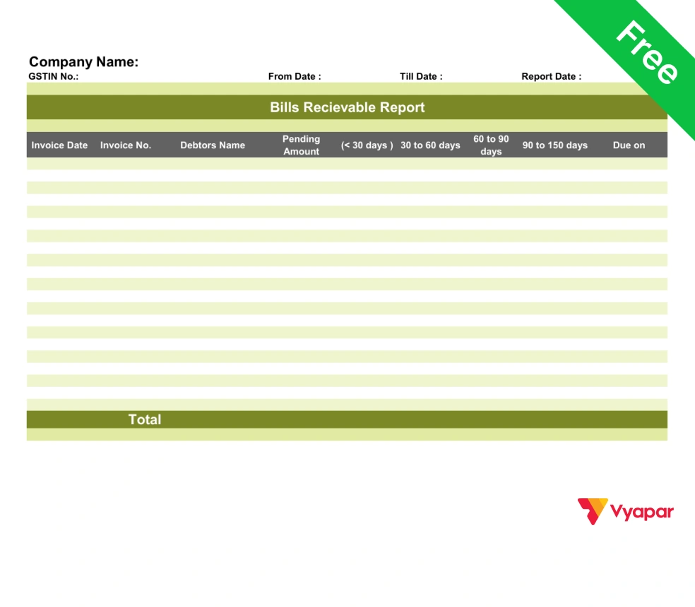 Sample Bills Receivable Book format in Word document for accounting records