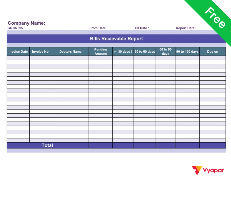 Downloadable Bills Receivable Book format in PDF with organized layout