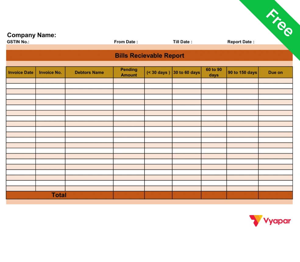 Printable Bills Receivable Book format in PDF for tracking customer payments