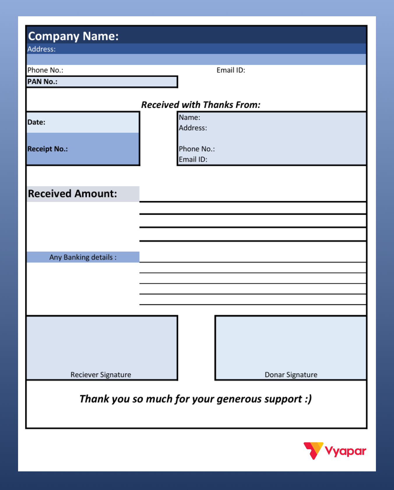 NGO Donation Receipt Format in Excel