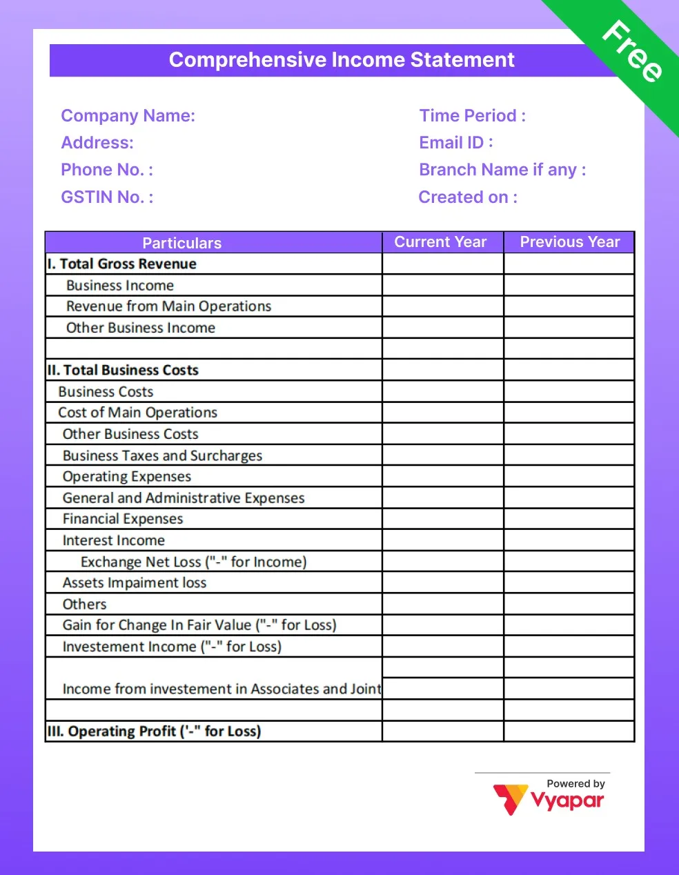 Simple Comprehensive Income Statement in Excel