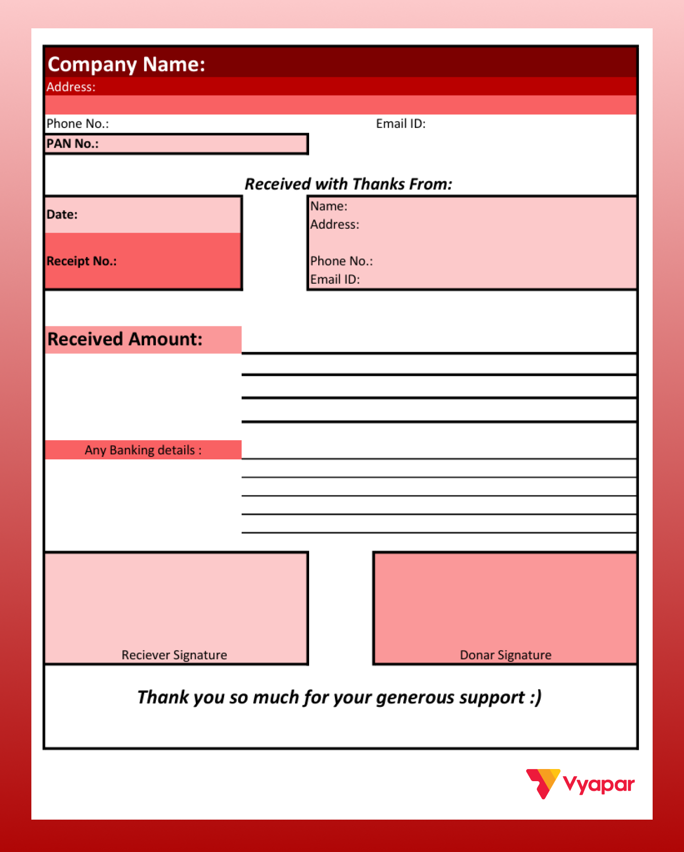 NGO Donation Receipt Format in Excel