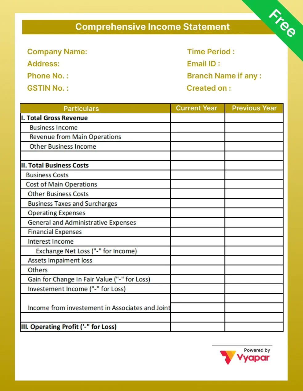 Statement of Comprehensive Income in Excel
