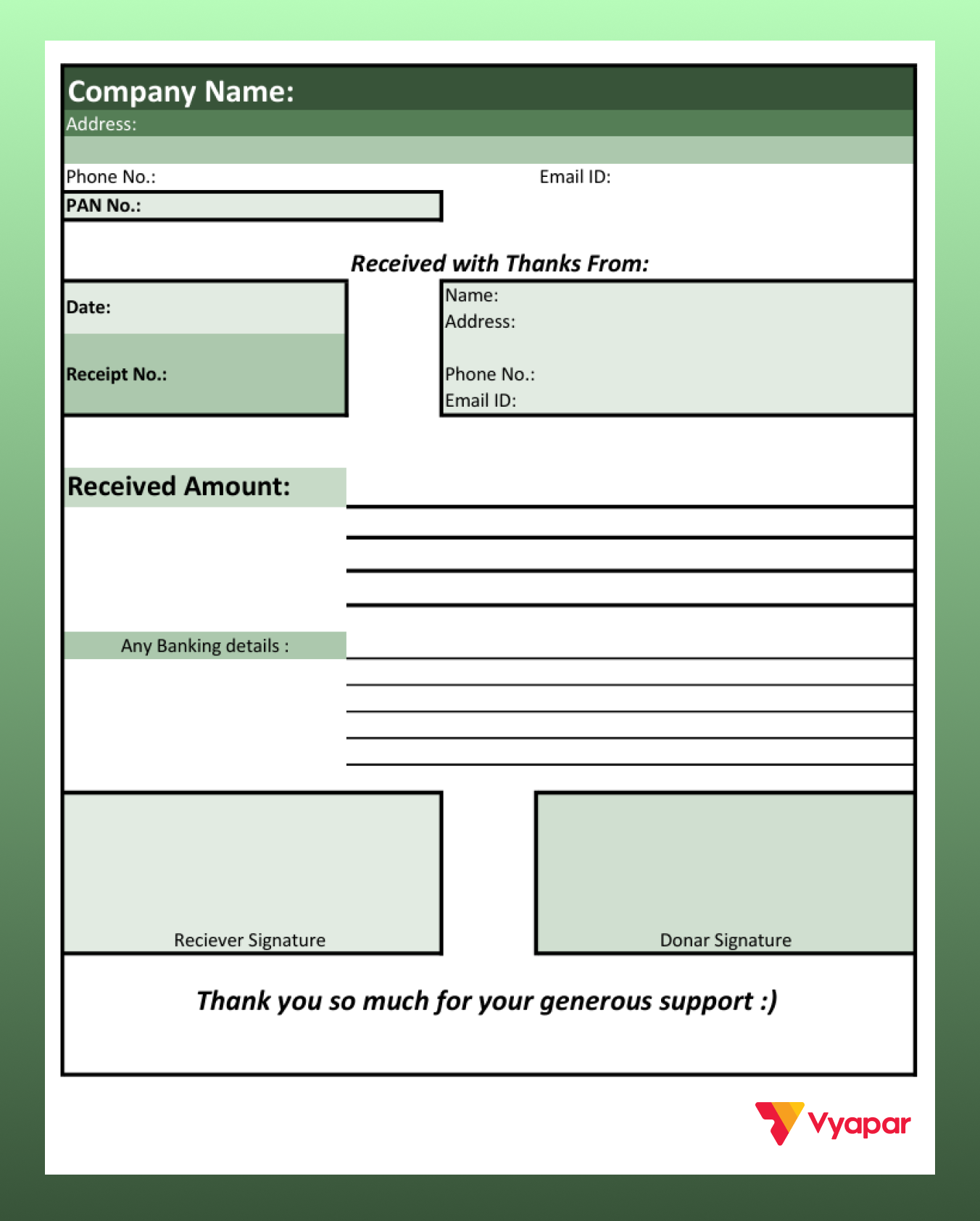 NGO Donation Receipt Format in Excel