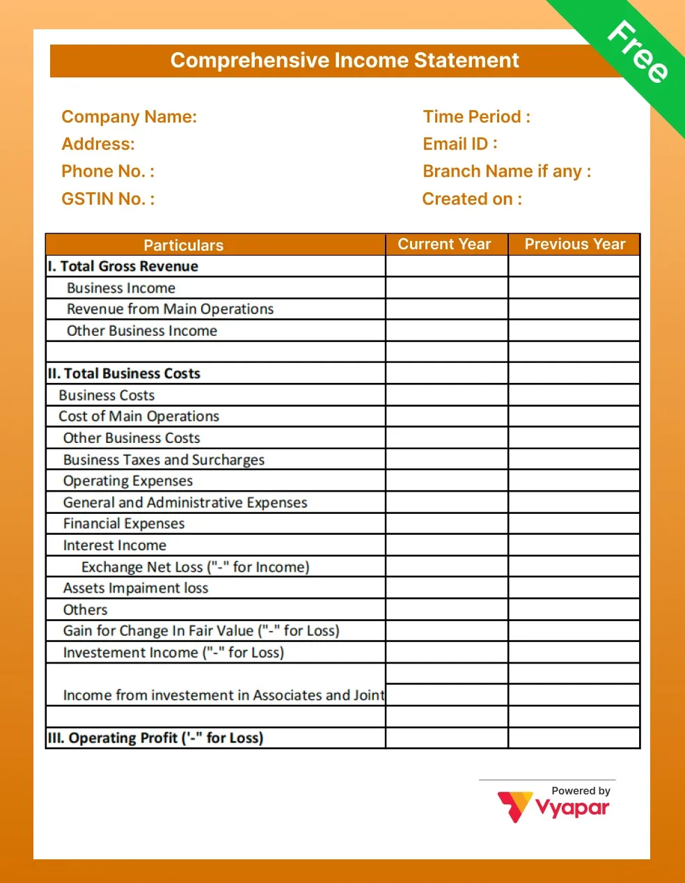 Comprehensive Income Statement Template in PDF