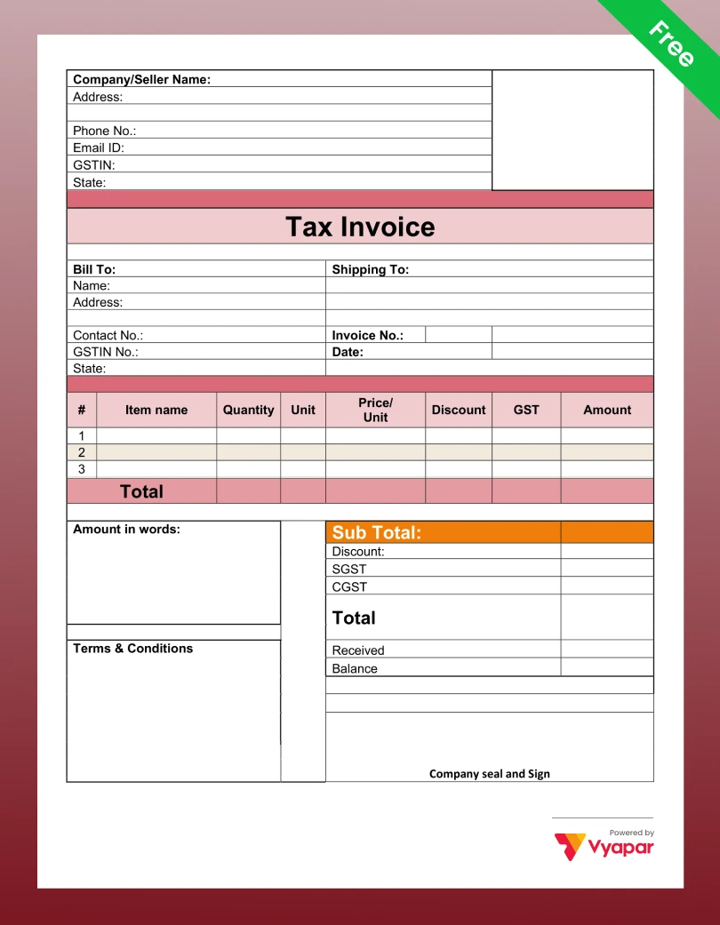 Tax Invoice Format in word