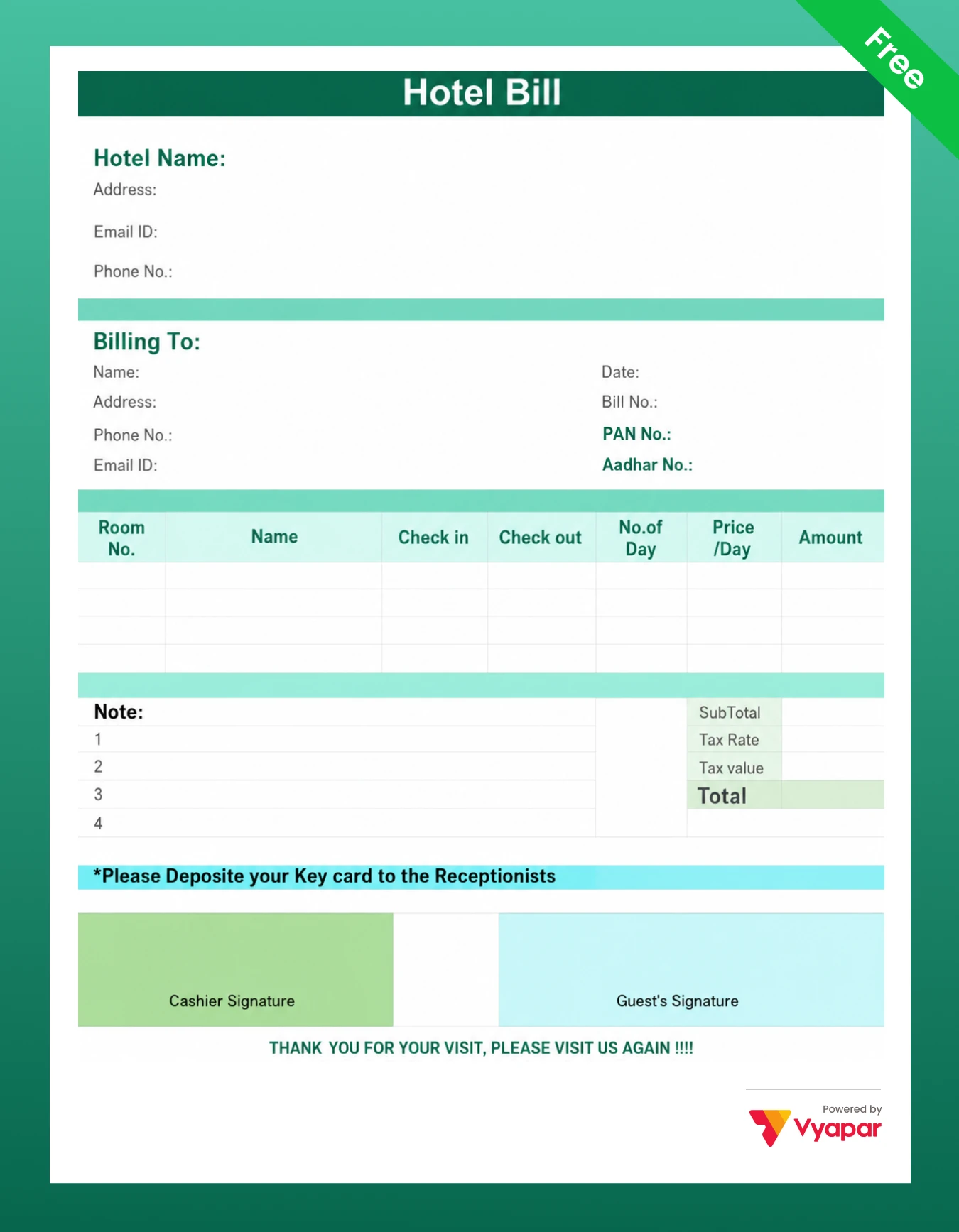 Hotel bill format Hotel Invoice Format in word