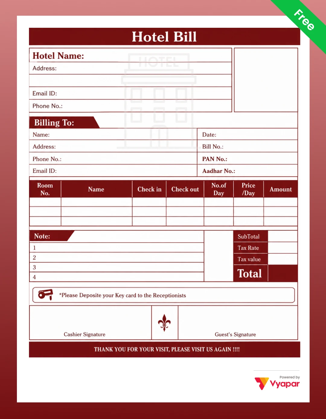 Hotel bill format Hotel Invoice in word