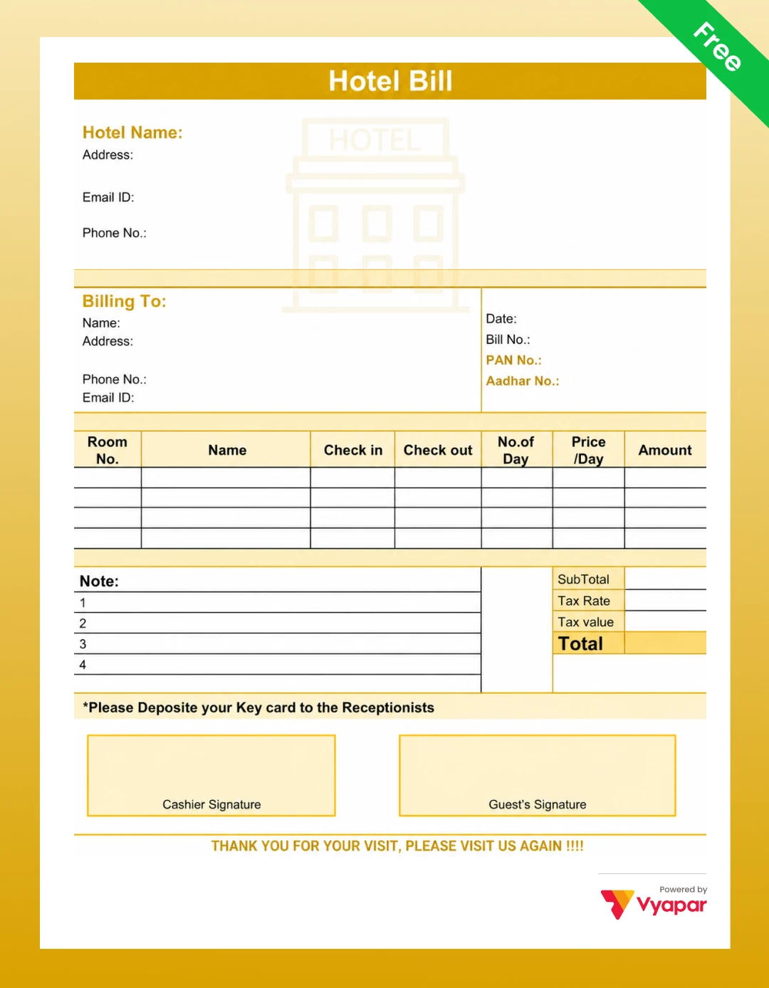 Hotel bill format Hotel Bill Format in word