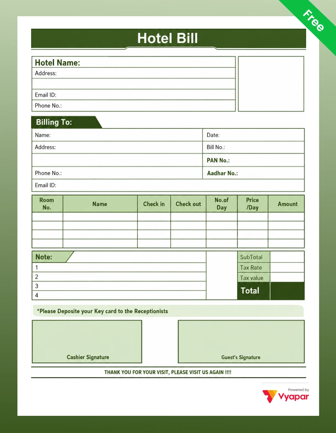Hotel bill format Lodge Bill Format in word