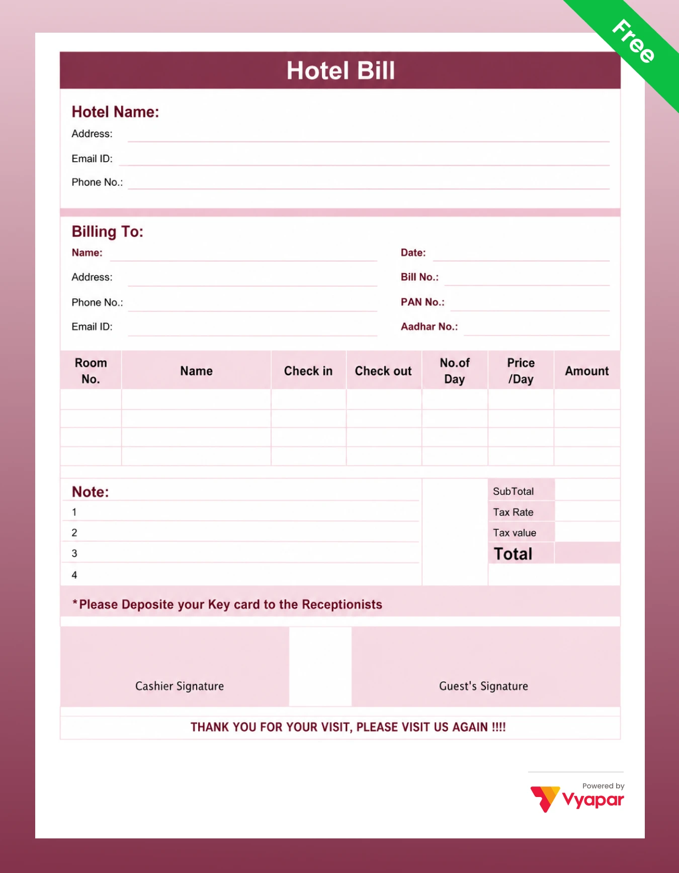 Hotel bill format Hotel Invoice Format in word